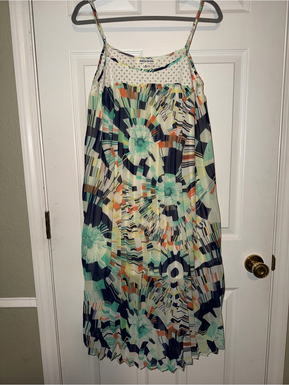 Jealous Tomato Mint, Navy & Orange Abstract Pleated Midi Dress